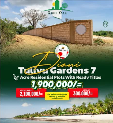 Diani Plots for Sale – Tulivu Gardens: 900m to the Beach! Best Coastal Deal !